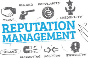 Reputation management sign with blue and black lettering and animated drawings of marketing techniques for small businesses