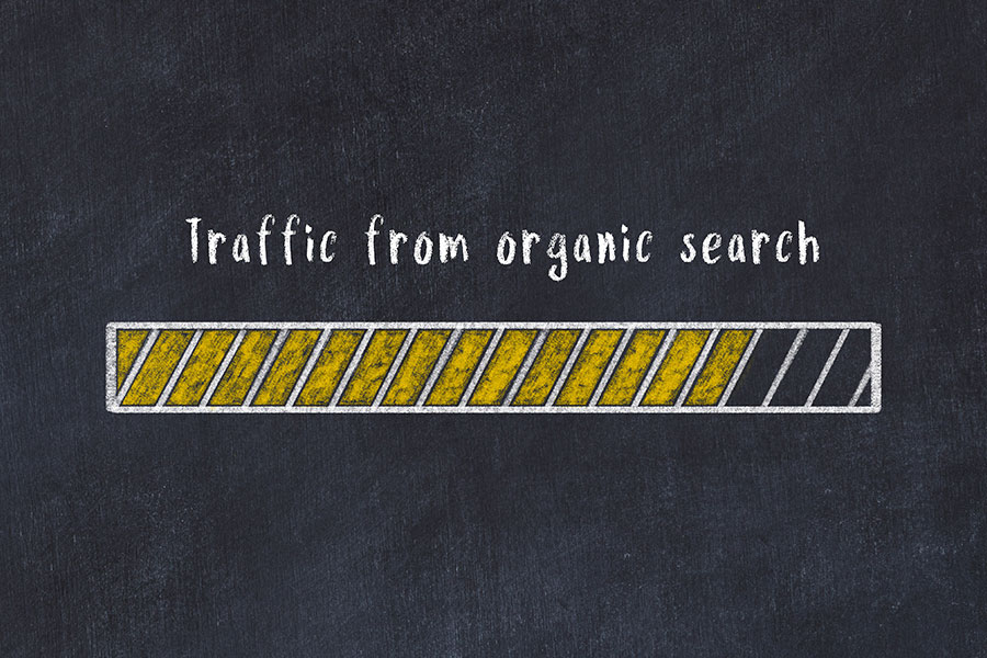 A black chalkboard background with the words traffic from organic search and a loading bar filled in with yellow to symbolize local SEO in Glen Carbon, IL.