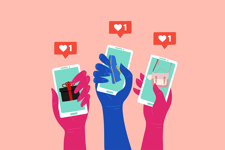A digitized image of pink and blue hands holding smartphones and small heart icons for followers and likes appearing in the background in Belleville, IL.