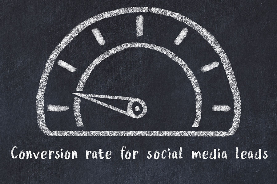 A chalkboard image of a meter that shows the conversion rate for social media leads in Nashville, IL.
