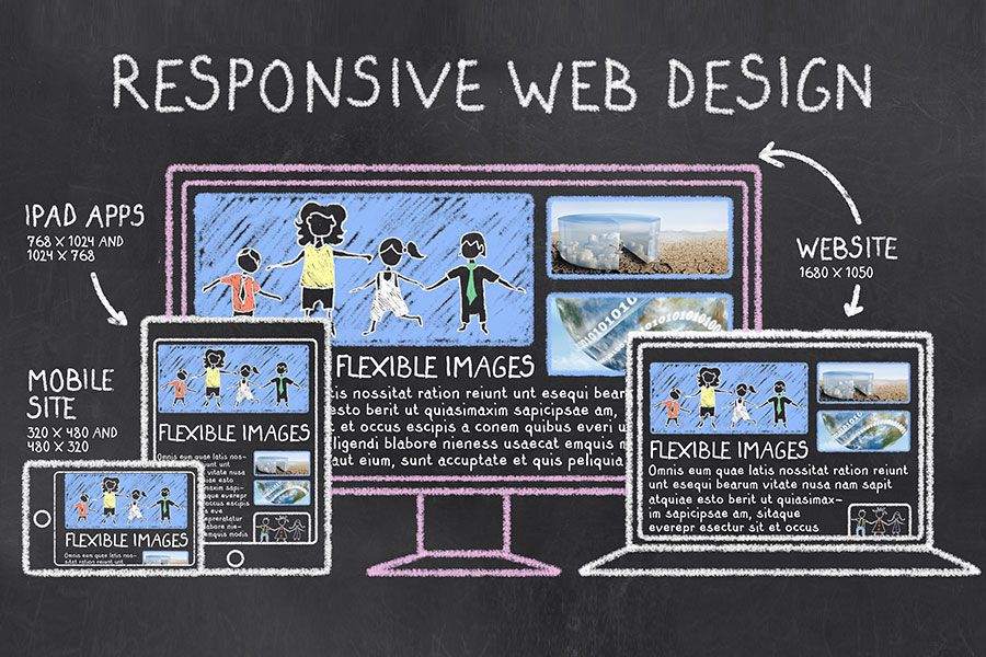A digital design drawing of a responsive web design with a desktop computer, smartphone, and other electronic devices in Rockledge, FL.