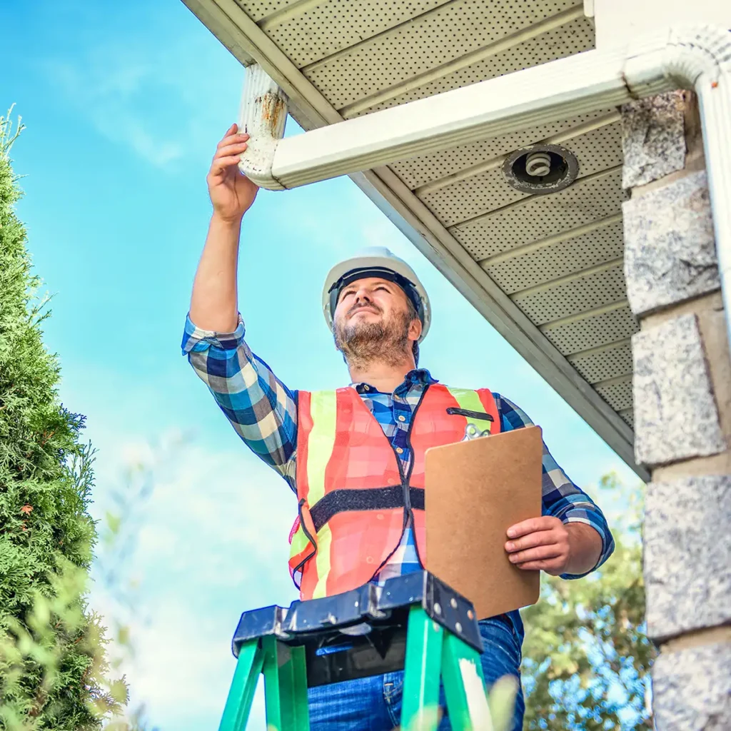 gutter professional inspecting a homes gutter system - gutter website design company Collinsville Illinois - metro east - St. Louis Metro - Central Illinois - Springfield IL