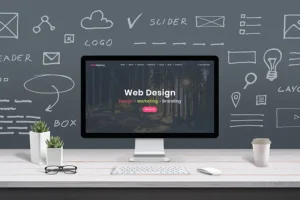 RIGHT CLICK DIGITAL, INC. - A work desk with a computer showing web design features at an office in Collinsville, IL.