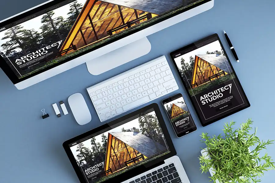 RIGHT CLICK DIGITAL, INC. - Multiple devices displaying the same website, showing responsive web design for a desktop computer, laptop, iPad, and mobile phone in Collinsville, IL.