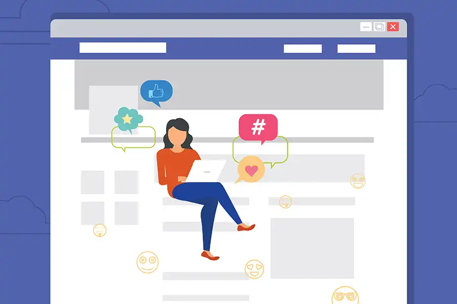 Right Click Digital, Inc. – a vectorized graphic of a woman holding a laptop, floating on top of a Facebook page mock-up.