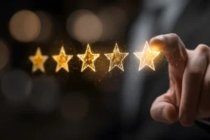 Right Click Digital—A professional touching a digital golden star to symbolize turning customer feedback into marketing gold.