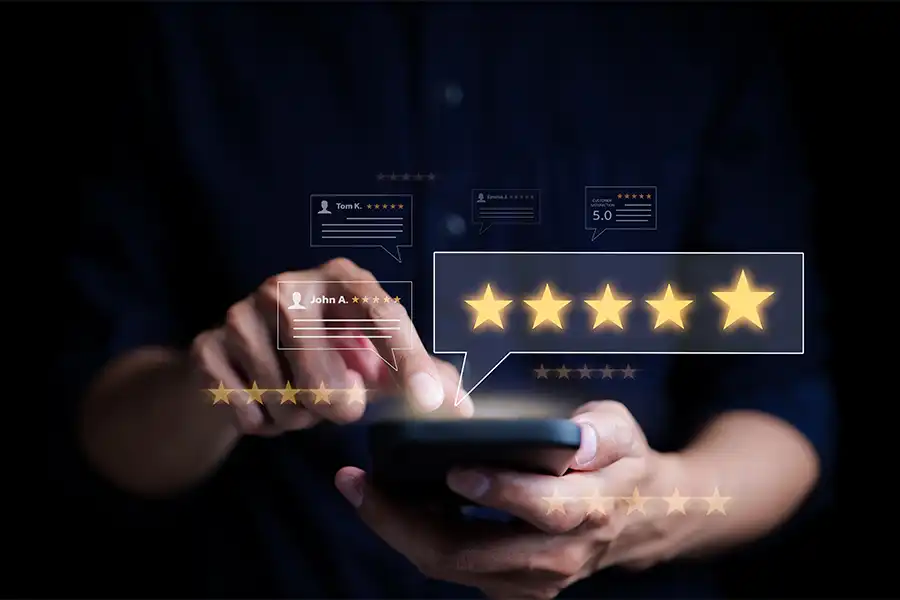 Right Click Digital—A business owner checking out his reviews using a Review Management platform in Edwardsville, IL.