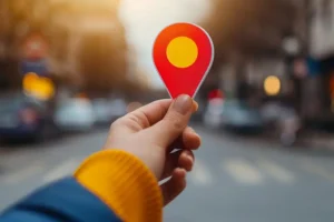 Right Click Digital—A woman holding a location pin in front of a blurred street in Collinsville IL, showcasing how local listing management can boost Google visibility.