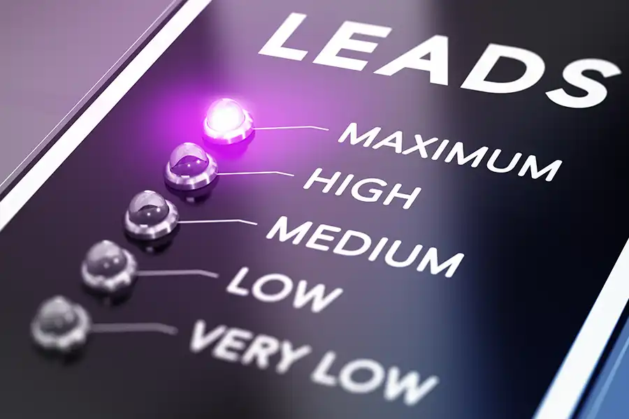 Right Click Digital in St. Louis, MO—Digital lead generation scale with levels from Very Low to Maximum, purple indicator highlighting Maximum, on a sleek, dark background.