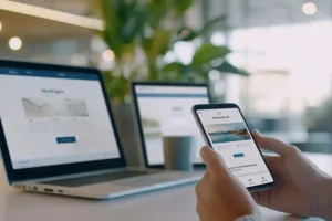 Right Click Digital in Edwardsville IL – A person sitting in front of multiple devices showcasing responsive website design modes.