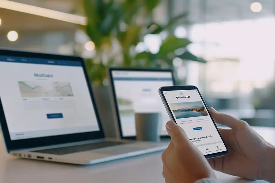 Right Click Digital in Edwardsville IL – A person sitting in front of multiple devices showcasing responsive website design modes.