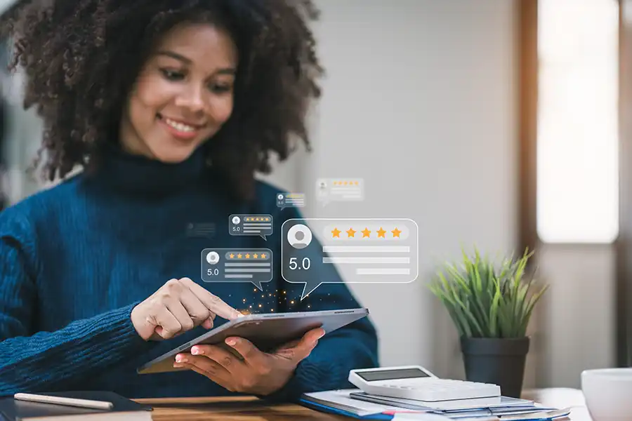 Right Click Digital, Inc. – A businesswoman reviewing her company’s online reviews in Collinsville, Illinois.