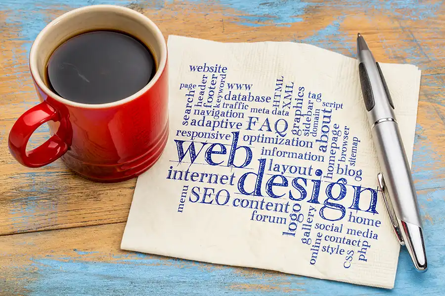 Right Click Digital, Inc. in Fairview Heights, IL – A web design word cloud on a napkin showcasing terms like “web design,” “SEO Content,” “layout,” and more.