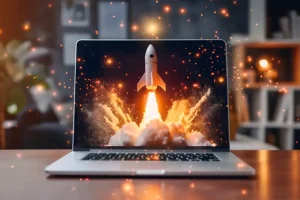 Right Click Digital, Inc. – a laptop showcasing a brand new website launch in Edwardsville, IL, with an onscreen rocket launch display.