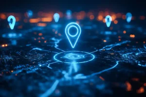 Right Click Digital, Inc. – Blue glowing location pins depicting geo-targeted city pages for boosting local SEO performance in Fairview Heights, IL.