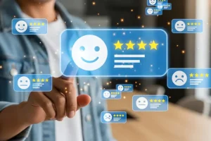 Right Click Digital, Inc. – A man showcasing his understanding of an online review strategy, using his finger to choose positive feedback over negative feedback in St. Louis, MO.