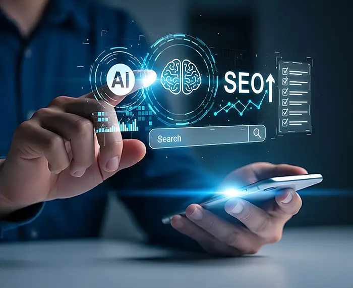 AI SEO digital interface glows above a smartphone as a professional optimizes search results using artificial intelligence collinsville il