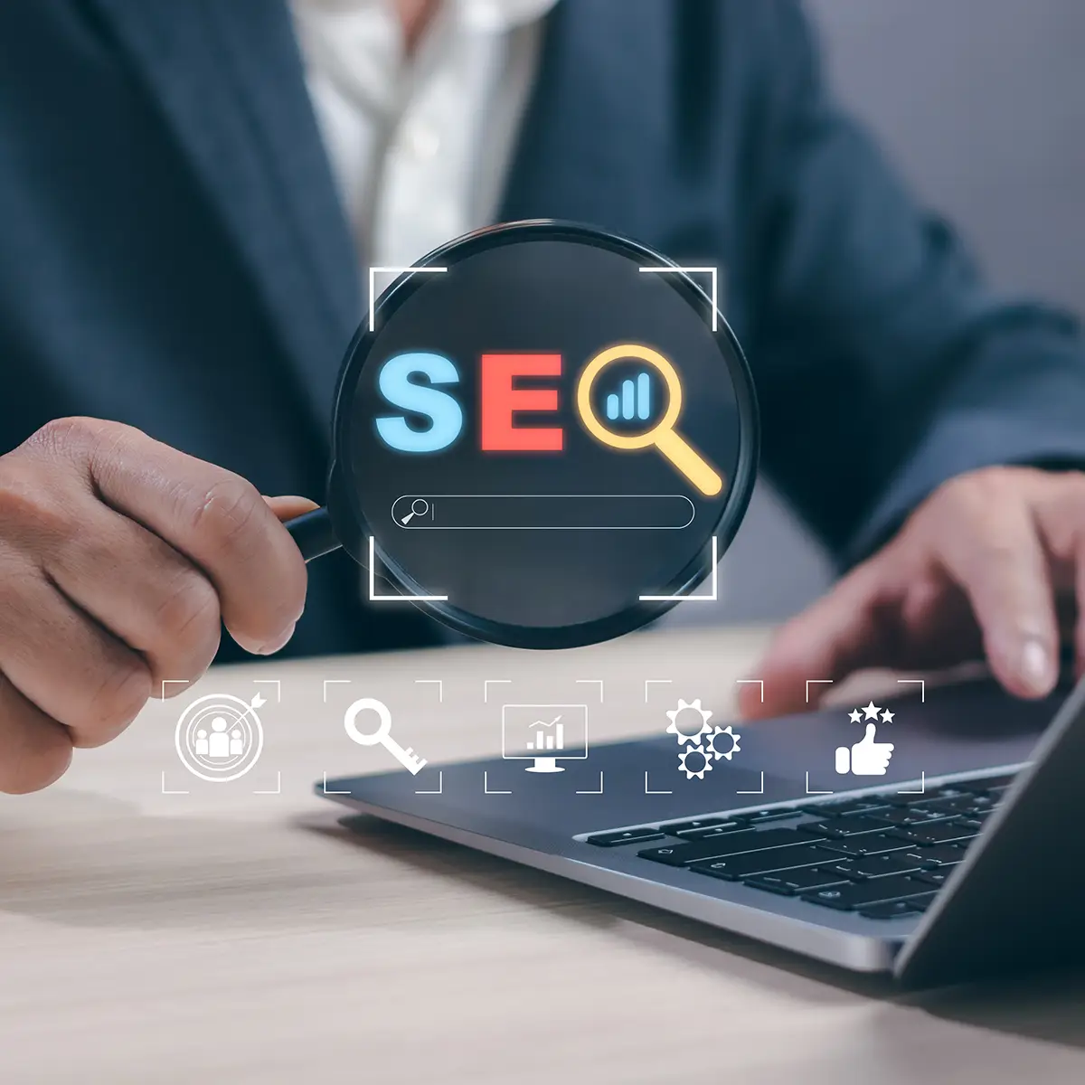 SEO search engine optimization technology concept and web search on internet, man hold magnifying glass show process trying to increase quality traffic or digital marketing search ranking strategy collinsville il