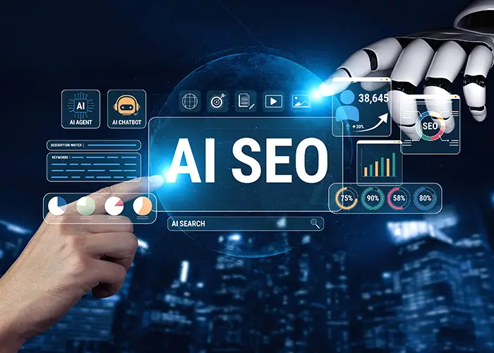 Futuristic AI Technology Interface with Robotic Hand Interacting with SEO Data and Analytics in a Digital Landscape collinsville il
