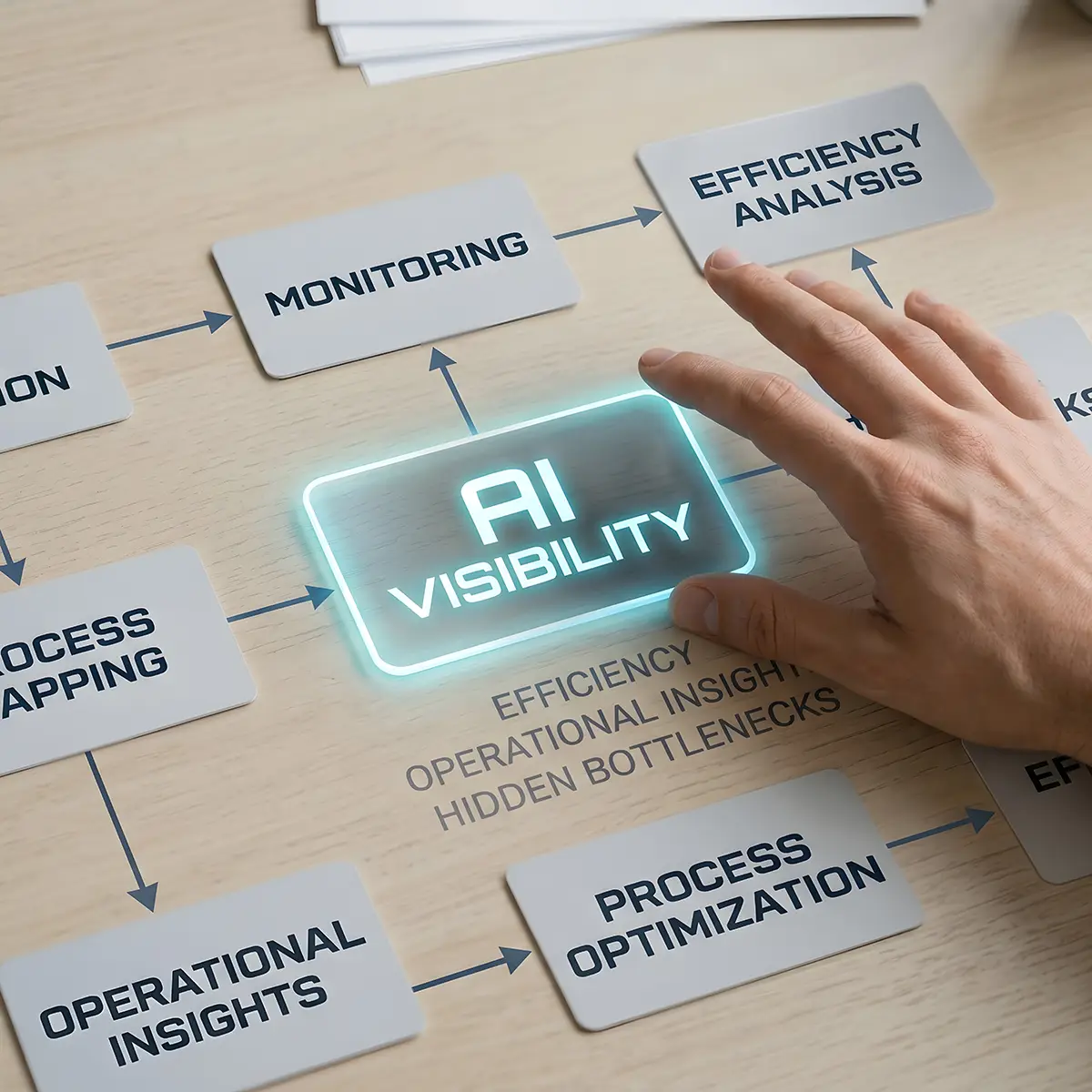 Artificial intelligence concept with hand pointing to glowing AI visibility diagram collinsville il