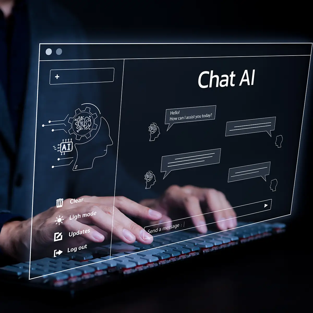 Man working using a laptop computer chatting with an intelligent artificial intelligence asks for the answers he wants collinsville il