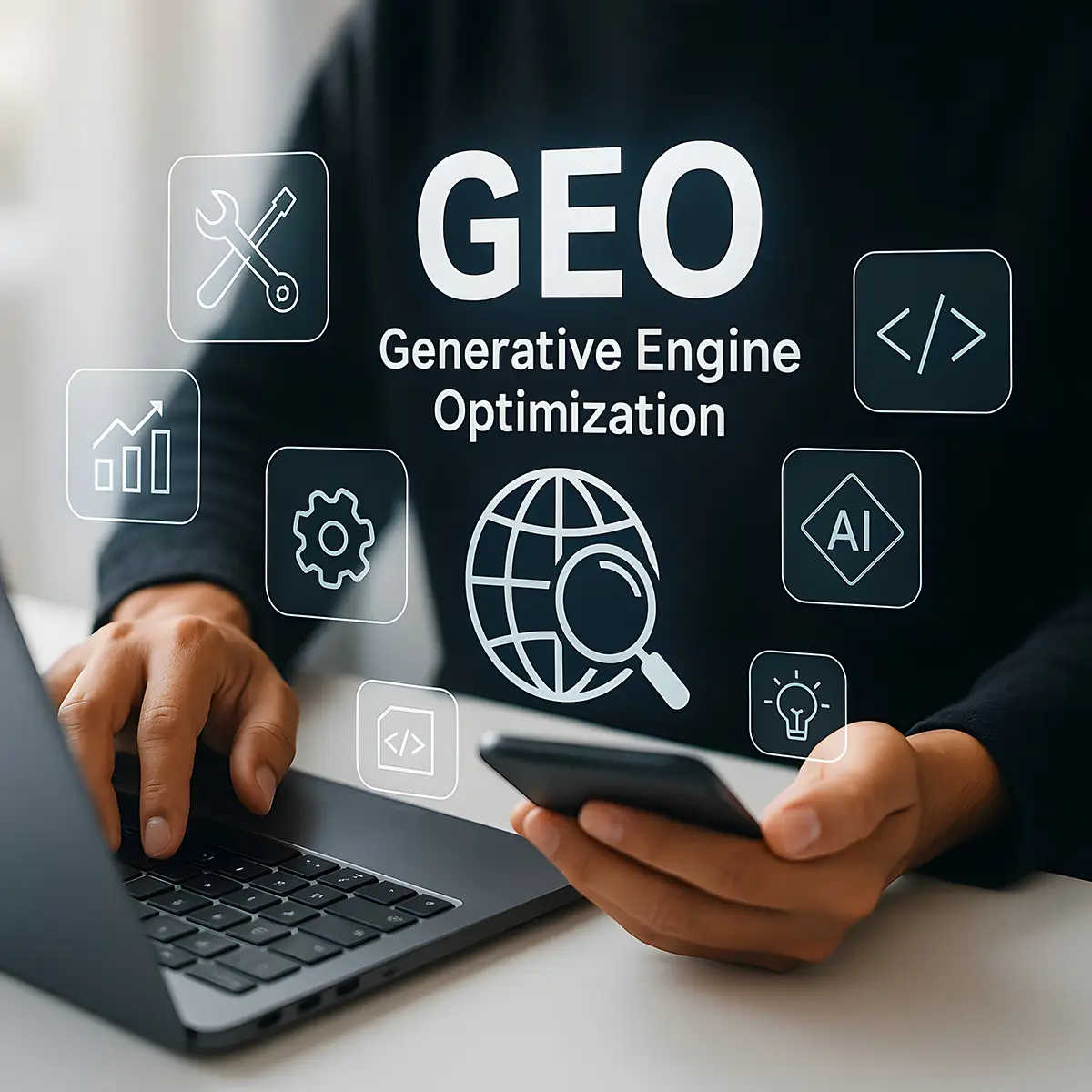 Person working on a laptop with generative engine optimization icons floating for advanced digital search strategy collinsville il