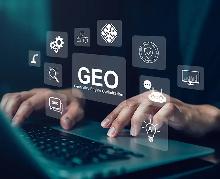 Hand use laptop with virtual GEO generative engine optimization interface and AI icon, representing digital marketing, automation, data analytics and artificial intelligence driven business technology collinsville il