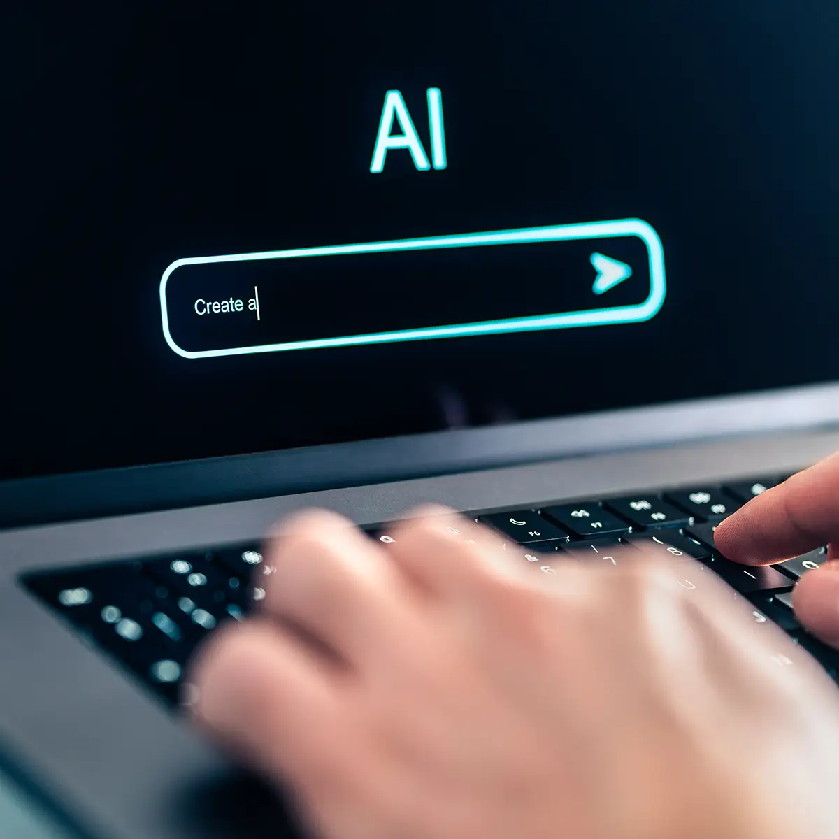 Man using computer with artificial intelligence app. Virtual assistant in digital creative work. Content generator technology collinsville il