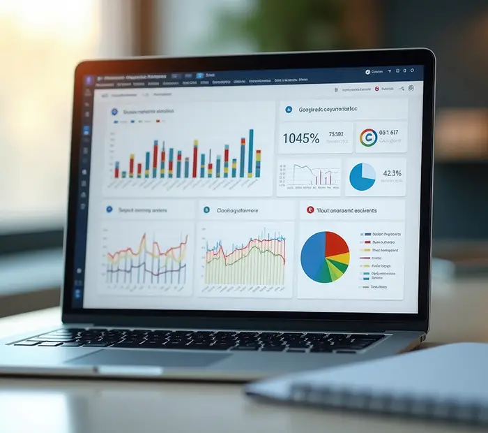 Professional social media marketing dashboard on laptop showing Google ads metrics, AI analytics collinsville il